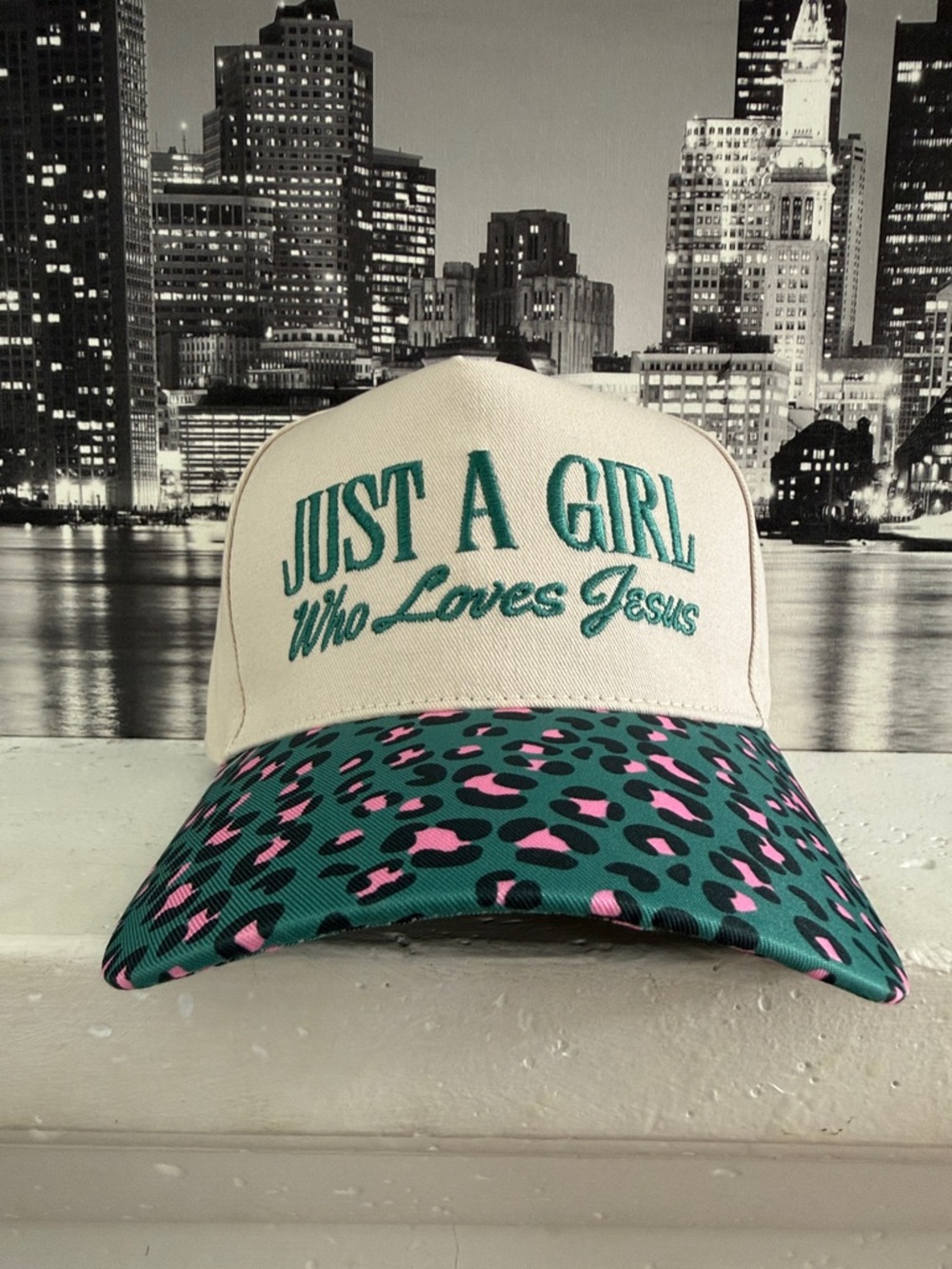 Just A Girl Who Loves Jesus Trucker Hat - Teal & Pink Leopard Bill